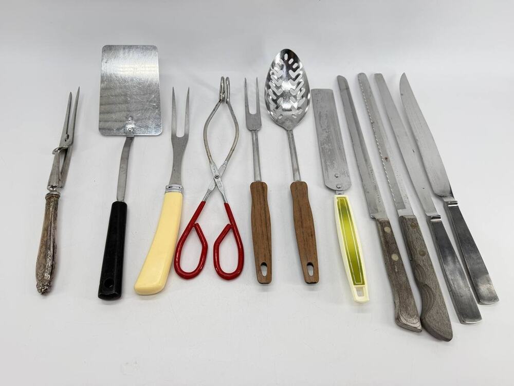 Vintage Kitchen Utensils Carving Knives Fork Spatula EKCO Flint Lot of 11
